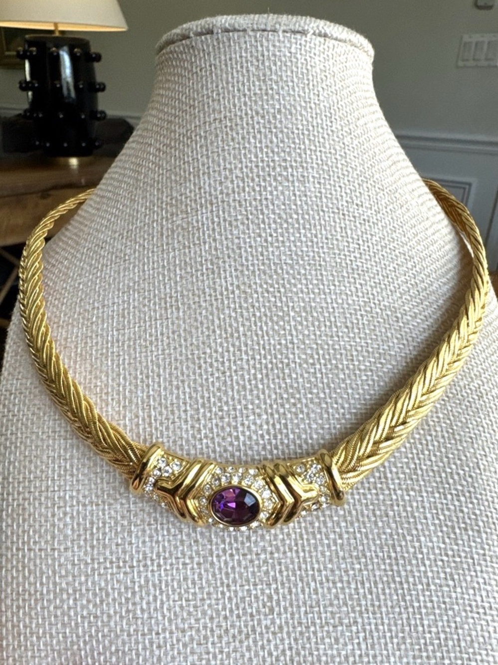 Vintage Nolan Miller Gold Tone Ornate Necklace Purple Stone Jewelry ✨